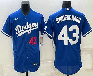 Mens Los Angeles Dodgers #43 Noah Syndergaard Number Blue Stitched MLB Flex Base Nike Jersey